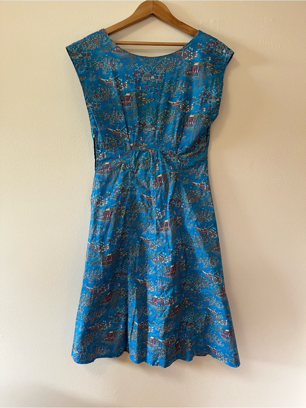 Vintage Hand-Sewn Blue Printed Midi Dress